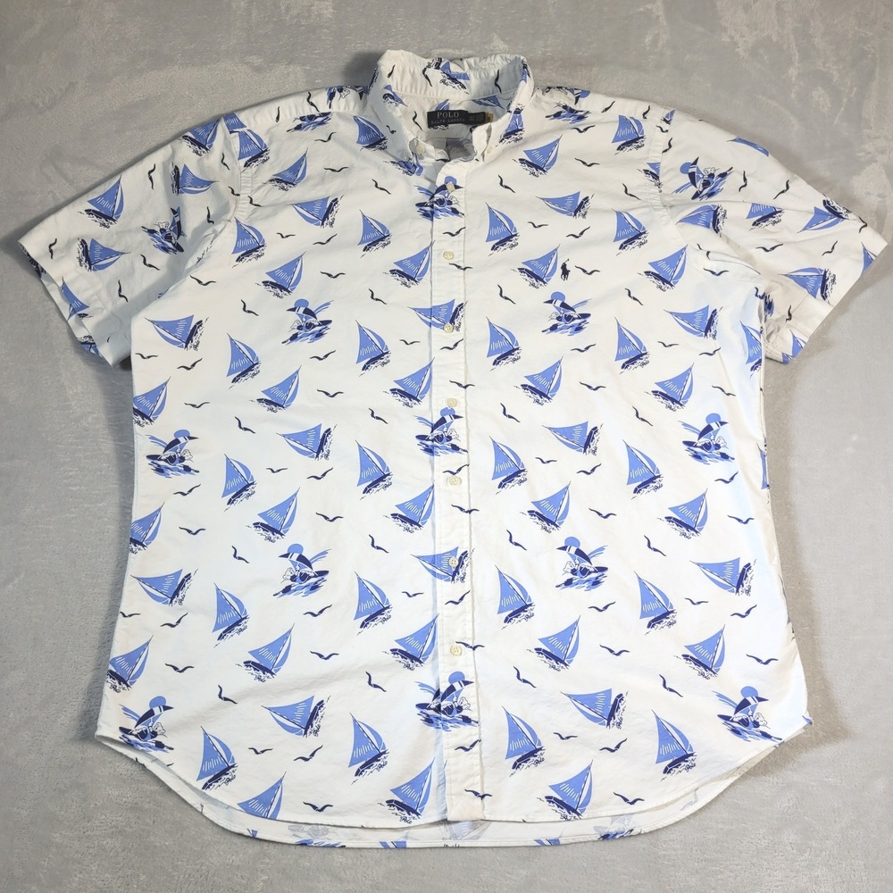 Polo Ralph Lauren Shirt Mens 2XLT White Blue Sailboat Bear Nautical Button Down